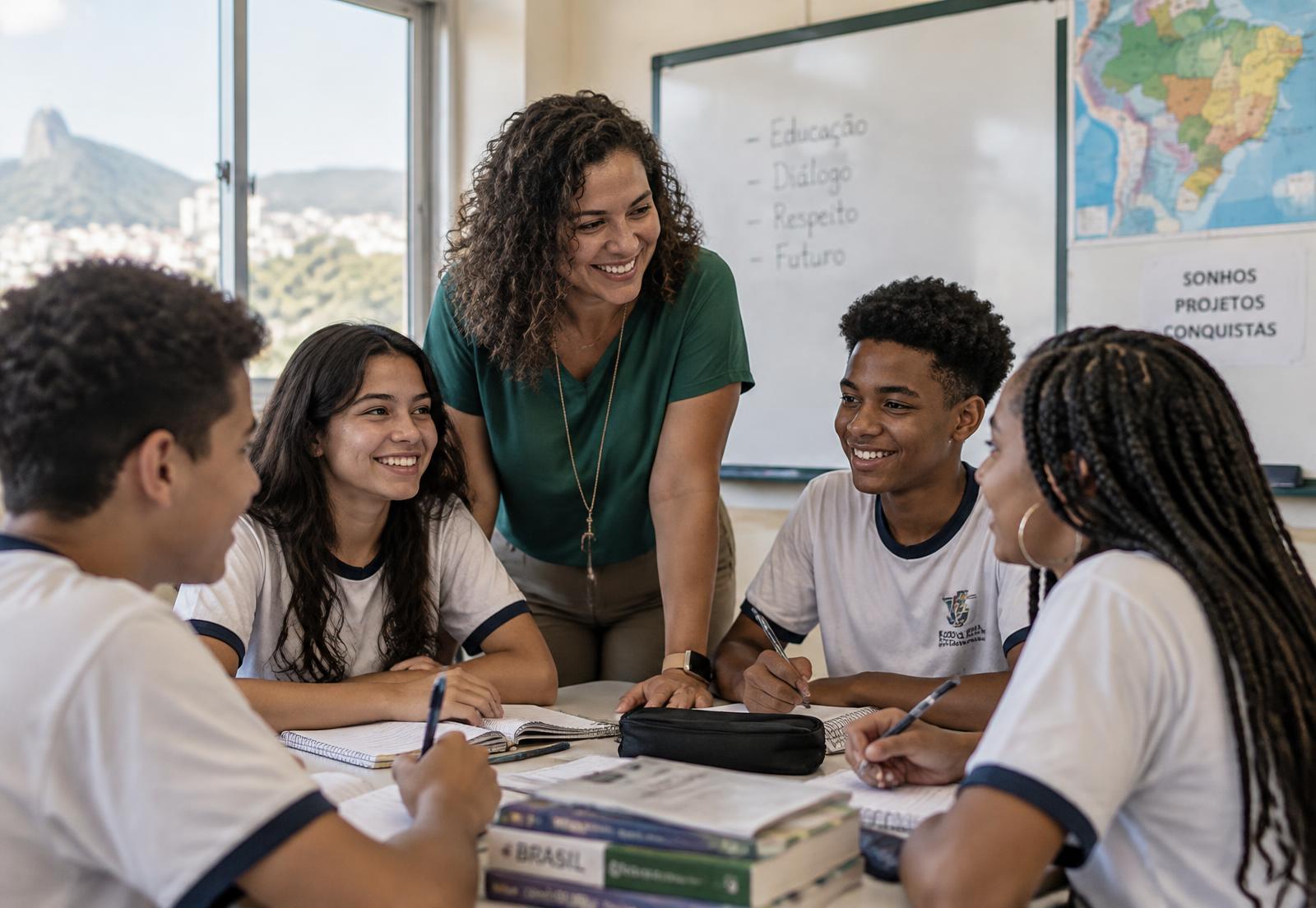 Educadora conversando com alunos em sala de aula